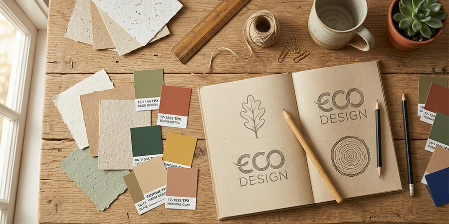 An overhead photograph of a rustic wooden desk featuring an open sketchbook with sketches of an oak leaf, a tree cross-section, and the repeated text 'ECO DESIGN'. Surrounding the sketchbook are various creative tools: textured recycled paper samples, multiple colored Pantone swatches, pencils, a ruler, twine, a ceramic mug, and a potted succulent.