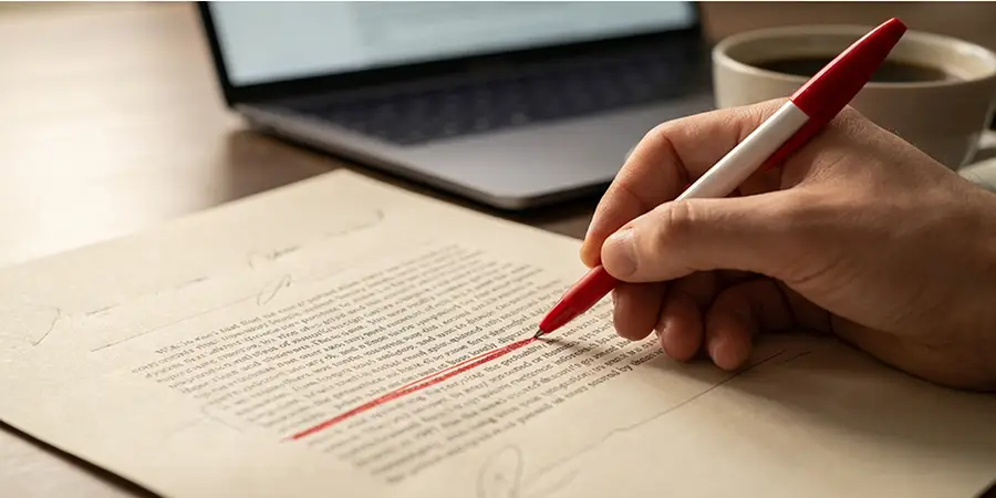 Close up of a hand using a red pen to edit and simplify text on a printed document