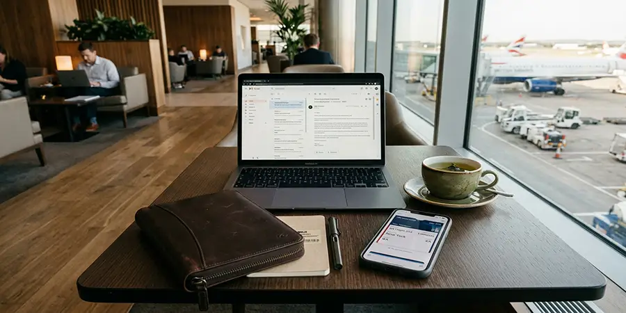 Laptop, digital boarding pass, and travel organizer on an airport lounge table