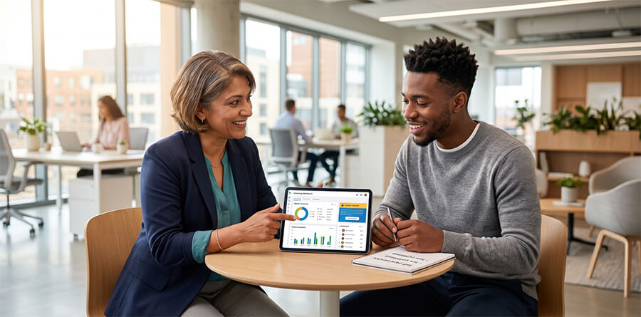 A woman points to a chart on a tablet for a man with a notepad in an elearning feedback meeting.