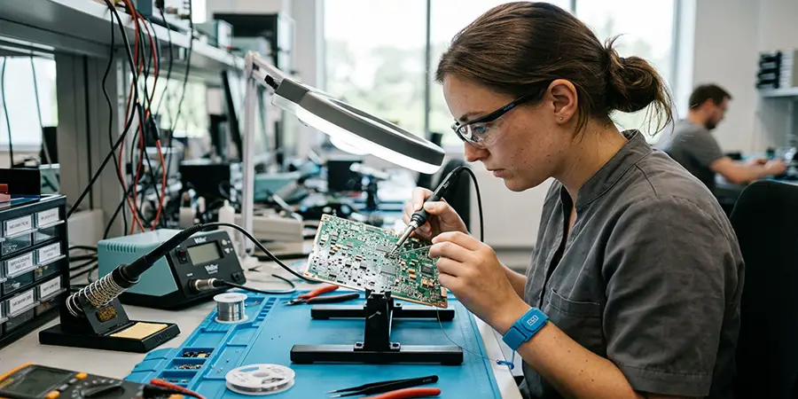 Focused electronics engineer soldering a printed circuit board at a workbench