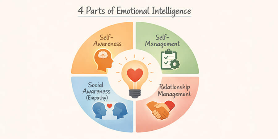 Infographic illustrating the '4 Parts of Emotional Intelligence': Self-Awareness, Self-Management, Social Awareness (Empathy), and Relationship Management, arranged around a central lightbulb icon with a heart.
