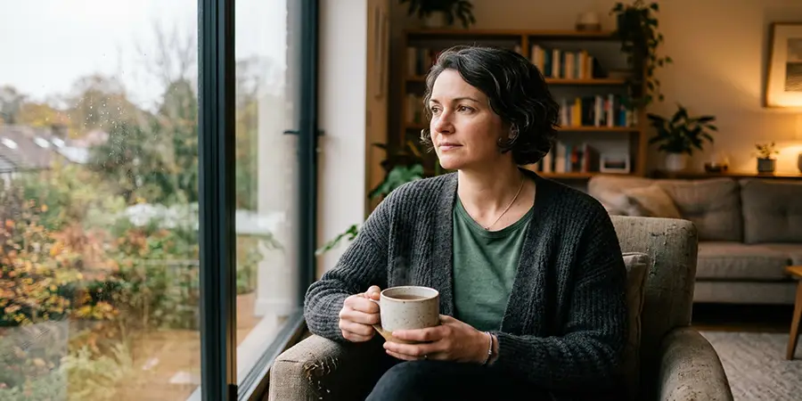 A person sitting quietly by a window holding a warm cup of tea, reflecting on emotional resilience