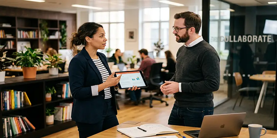 Two colleagues engaged in a thoughtful, constructive conversation in a modern office