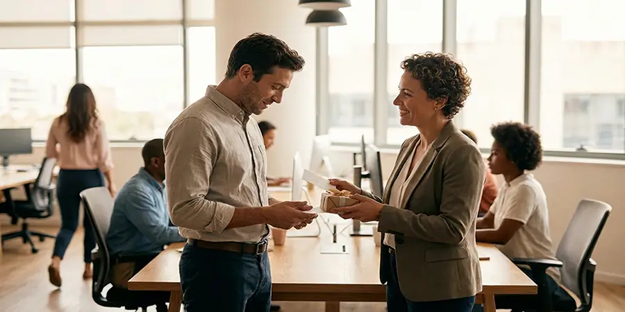 A manager handing a personalized,  appreciation gift to a colleague in a modern office.