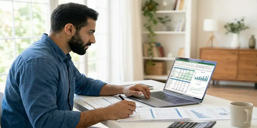 Focused entrepreneur reviewing financial accounting documents on a laptop