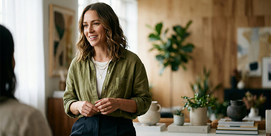 A professional woman smiling warmly while in conversation and looking off-camera. She stands poised in a beautifully designed, modern collaborative workspace with natural light, wood walls, potted plants, and curated design objects, with the blurred figure of another person to her left.