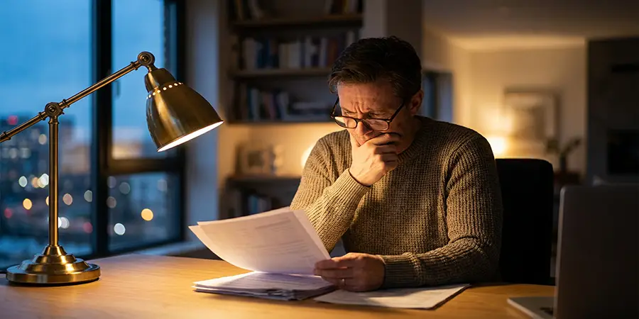 Professional thoughtfully reviewing documents at a desk in a quiet setting