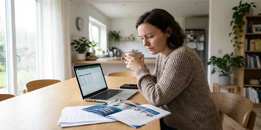 A person taking a calm, thoughtful pause to evaluate a company's credentials on their laptop.