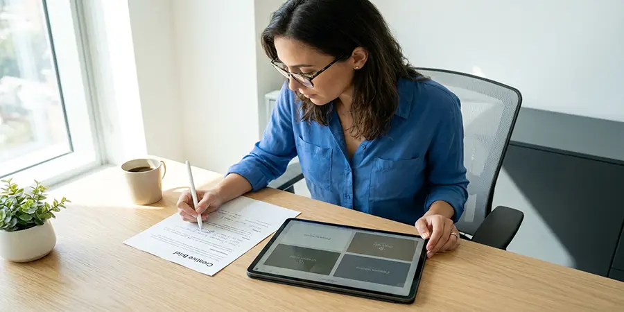 Professional evaluating AI design options against a printed creative brief