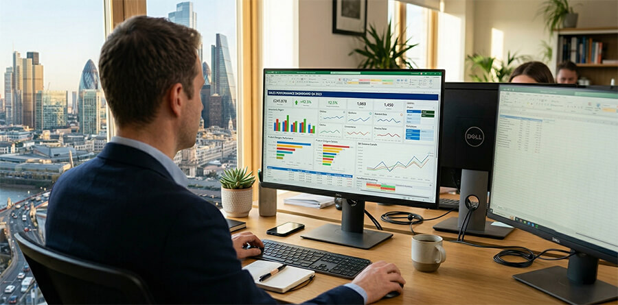An over-the-shoulder view of a man in a blue blazer sitting at a wooden desk with two computer monitors displaying a detailed spreadsheet.