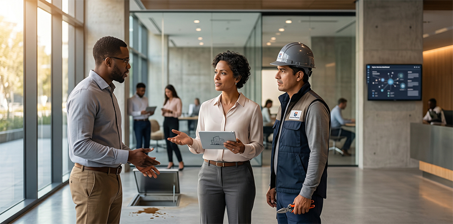Facilities manager exercising interpersonal skills to resolve a tenant complaint with a technician in a modern corporate lobby.