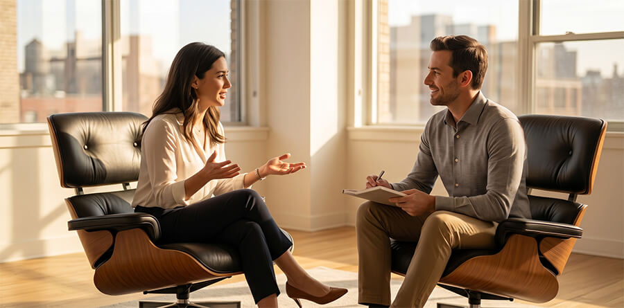 A woman actively gesturing as she speaks to a man who smiles as he takes notes. They are in a large room with wood floors and a wall of windows.