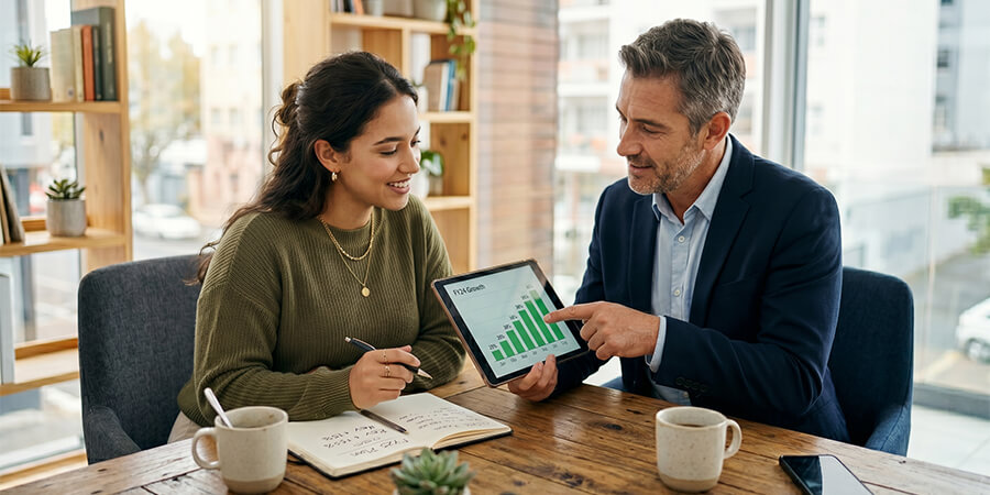 Professional consultant and a business owner reviewing financial growth charts on a tablet in a sunlit office.
