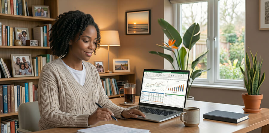 Woman working with personal financial data on a laptop and notepad.