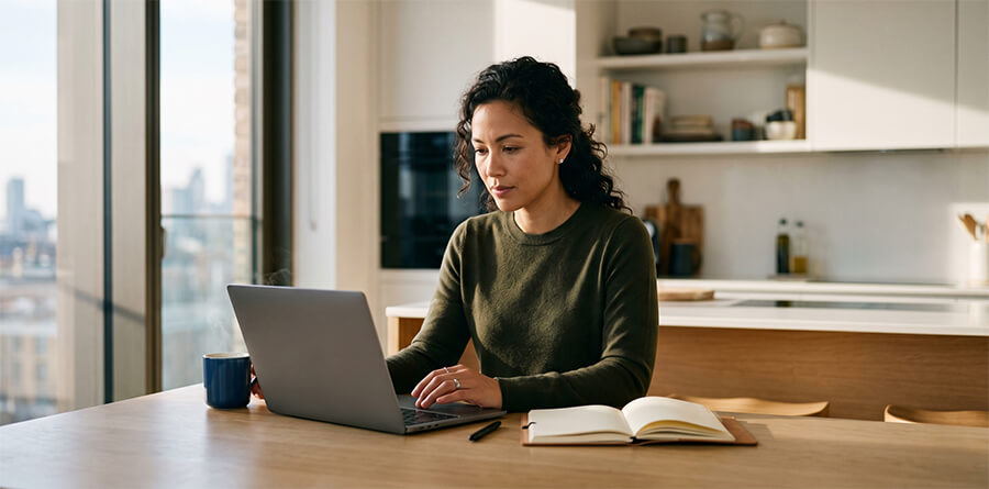 Woman sitting at a modern kitchen island with a laptop and notebook, lit by warm morning sunlight.