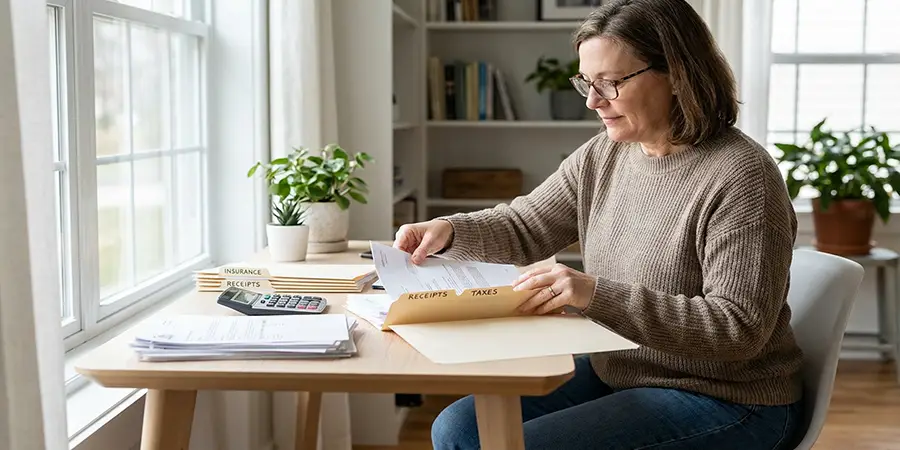 A focused individual organising financial paperwork and receipts at a home desk.