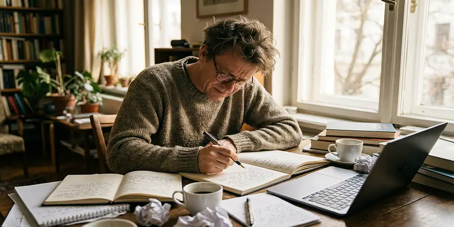 Writer drafting ideas by hand in a notebook to find their authentic voice