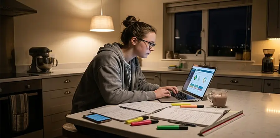 A focused teenager working on a laptop at a kitchen island, representing independent, flexible home learning.