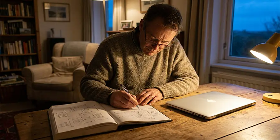 A focused learner writing notes from memory at a dimly lit wooden desk