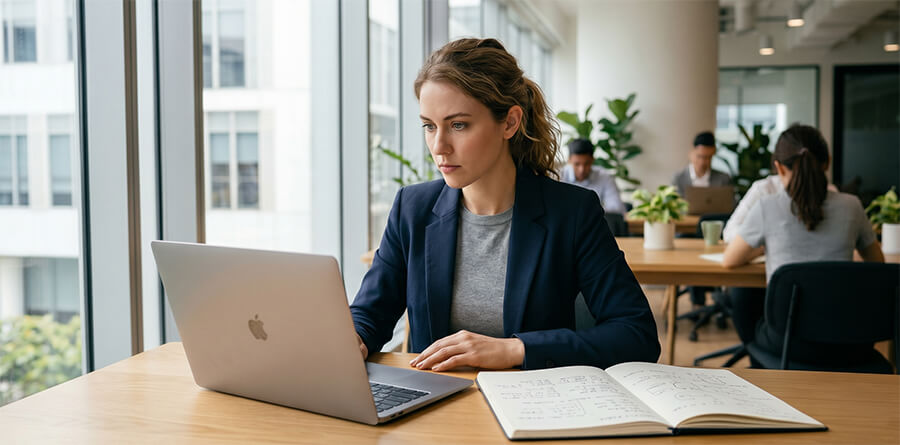 Professional woman with focused expression analyzing data at laptop in sunlit modern office co-working space.