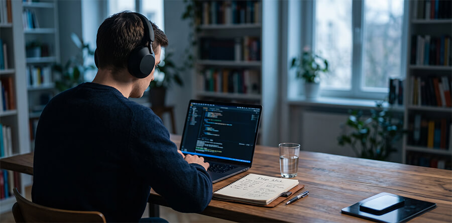 A student wearing noise cancelling headphones works on a laptop displaying code at a wooden desk in a library.