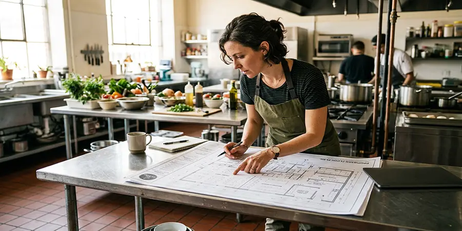 Entrepreneur reviewing plans on a prep table in a commercial kitchen