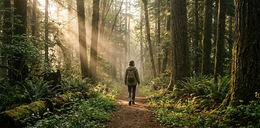 A lone hiker with a backpack walks on a forest trail as dramatic sunbeams filter through the trees, creating a peaceful scene.