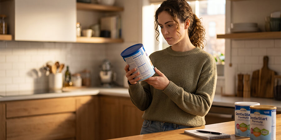 A thoughtful woman with curly hair stands in a warm kitchen, carefully reading the nutrition label on a baby formula can.