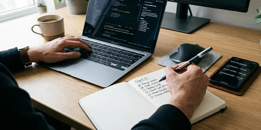 A freelancer's hands organizing a checklist and managing international client work on a laptop