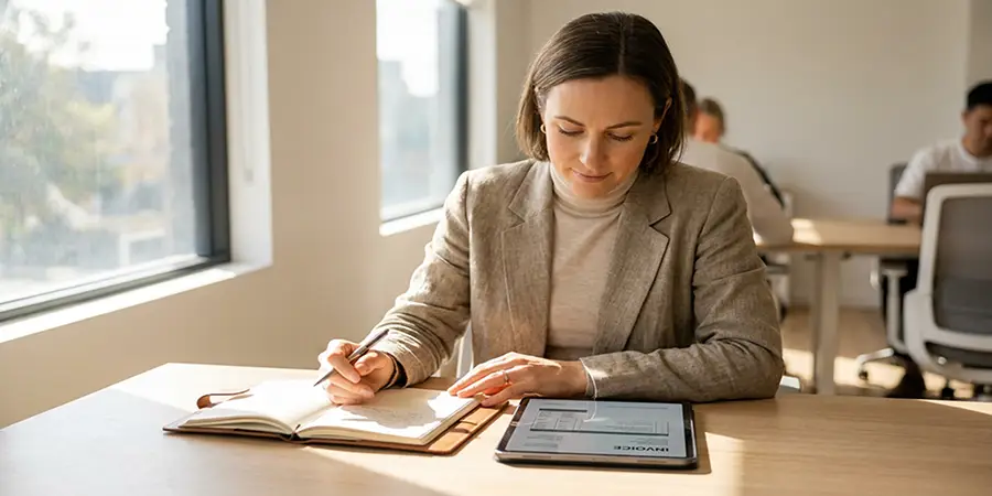Freelancer calmly reviewing digital documents and notes in a modern workspace