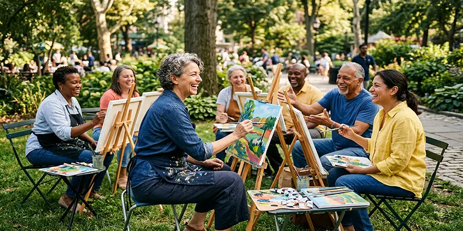 Active middle-aged adult enjoying an outdoor painting class with friends