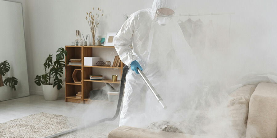 A workman fumigating a living room.