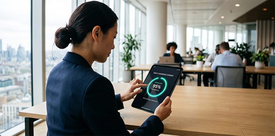 An over-the-shoulder photo of a professional in bright office using tablet showing 95 percent goal completion ring and learning streak data.