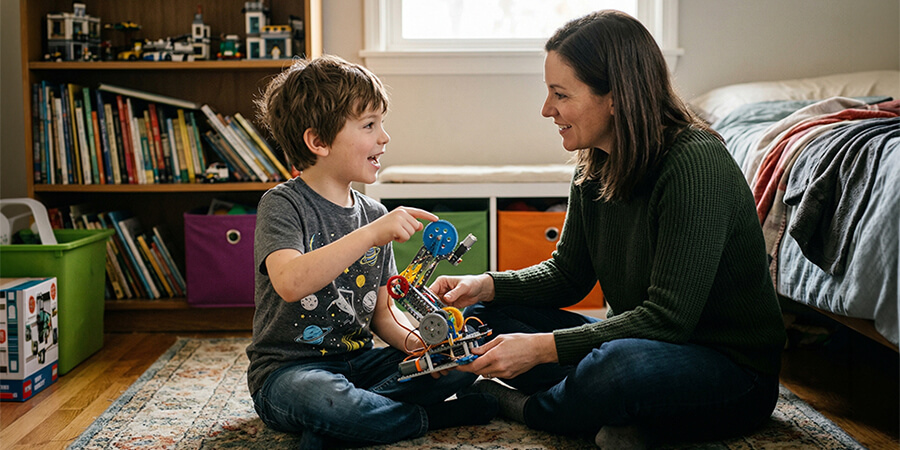 A mother and a young boy sit cross-legged on a patterned rug in a sunlit playroom, constructing a half-built robotic gear mechanism. The boy points and explains something to his mother, and she smiles warmly at him as she listens. Bookshelves and colored storage bins are in the background.