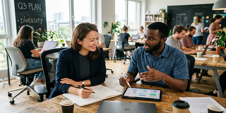 Two professionals having a constructive, positive feedback conversation in a relaxed workspace