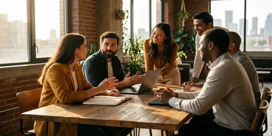 A diverse group of professionals engaging in a collaborative discussion in a modern workspace.