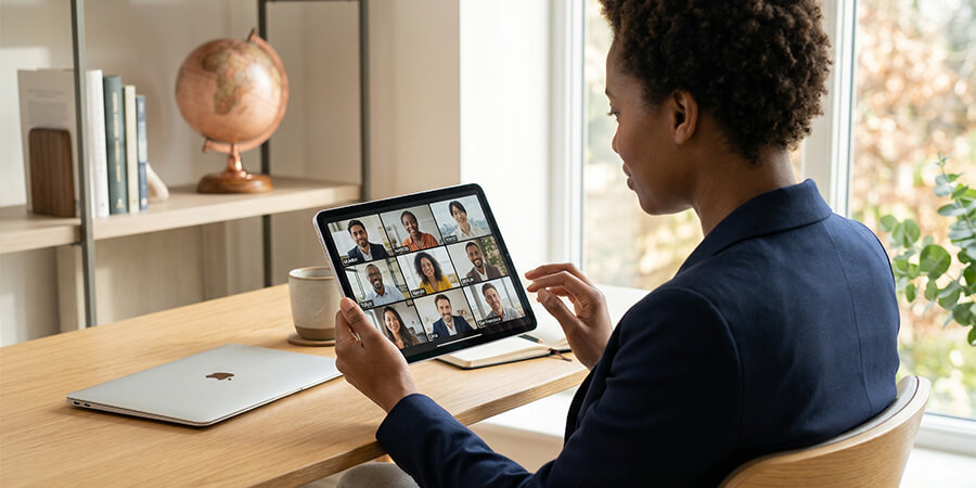 Over-the-shoulder shot of a professional on a video call with a diverse team, featuring a desk globe in the background.