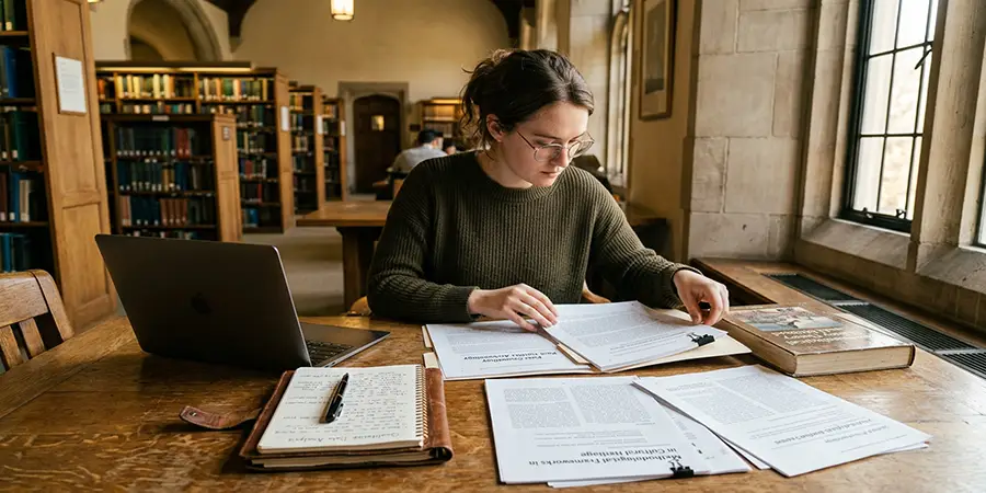 Graduate student organizing research materials at a library desk
