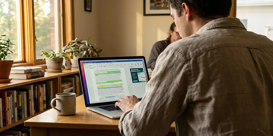 Writer carefully reviewing and editing a document on a laptop