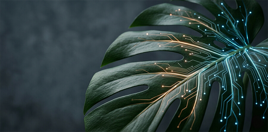 A macro shot of a dark green Monstera leaf where the natural veins transition into glowing, illuminated circuit board patterns in warm gold and cool blue. The leaf is set against a dark, moody charcoal background, symbolizing the intersection of nature and technology.