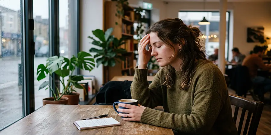 An individual taking a thoughtful pause for self-reflection before making a decision