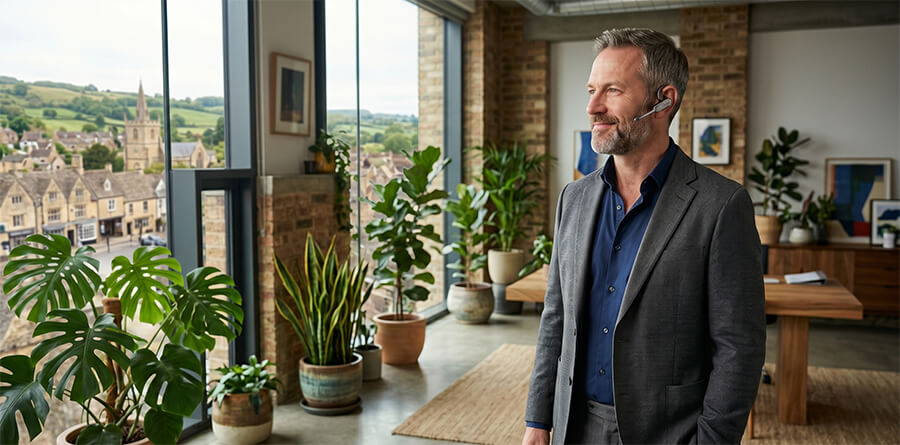 A professional man wearing a grey blazer and a Bluetooth earpiece, stands in a modern, plant-filled loft office. He is looking out a large window at a view of a picturesque historic European town.