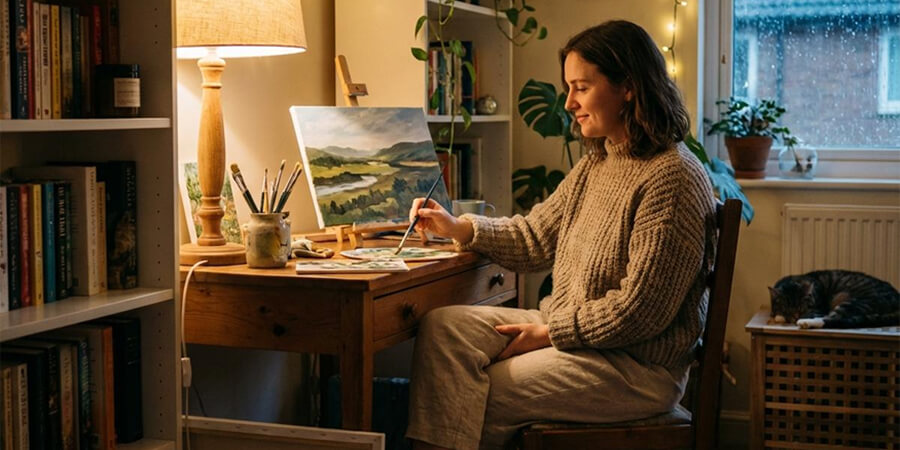 A woman in a chunky sweater paints a landscape on an easel at a cozy desk at night, with a bookshelf, fairy lights, plants, and a sleeping cat in the background.