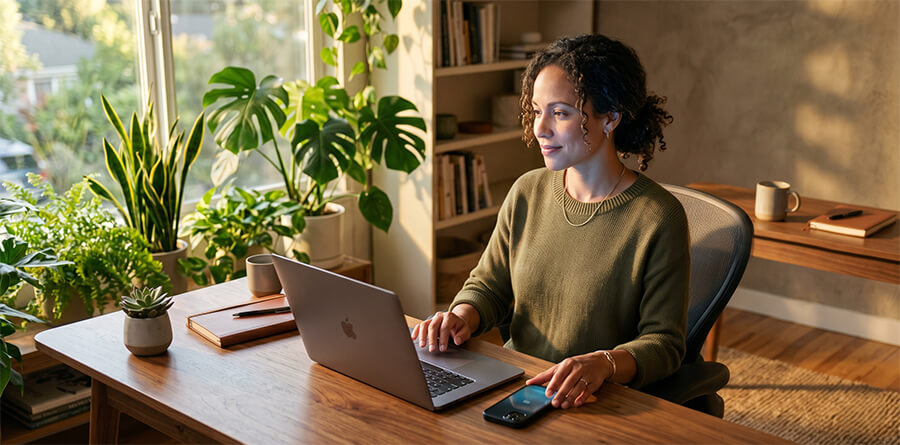 A woman with curly hair working on her laptop at a sunlit wooden desk in a plant-filled modern home office.