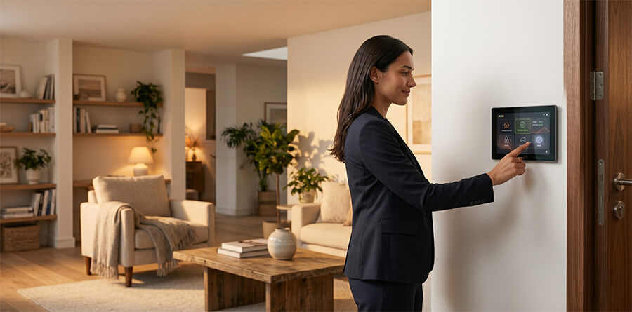 A  woman standing in a warm, modern living room pressing the touchscreen of a wall-mounted smart home control panel.