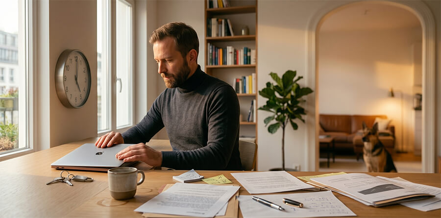 A man  closing a laptop at a wooden desk. Golden hour light filters through a large window, and desk clutter, including keys and an empty mug, is visible. In the background, a German Shepherd dog waits for his walk.