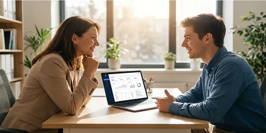 An HR manager and employee having a positive, face-to-face conversation across a desk, with a modern digital HR dashboard open on a laptop between them.