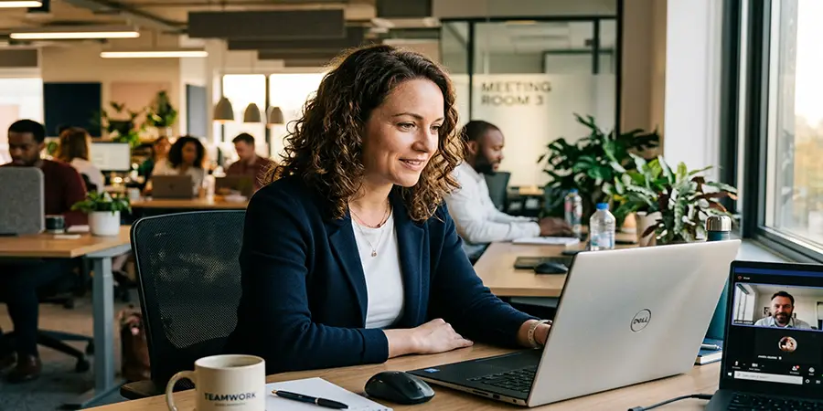 Professional demonstrating active listening and empathy during a hybrid team video call