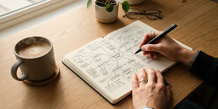Overhead view of hands sketching a mind map in a textured notebook on a wooden desk